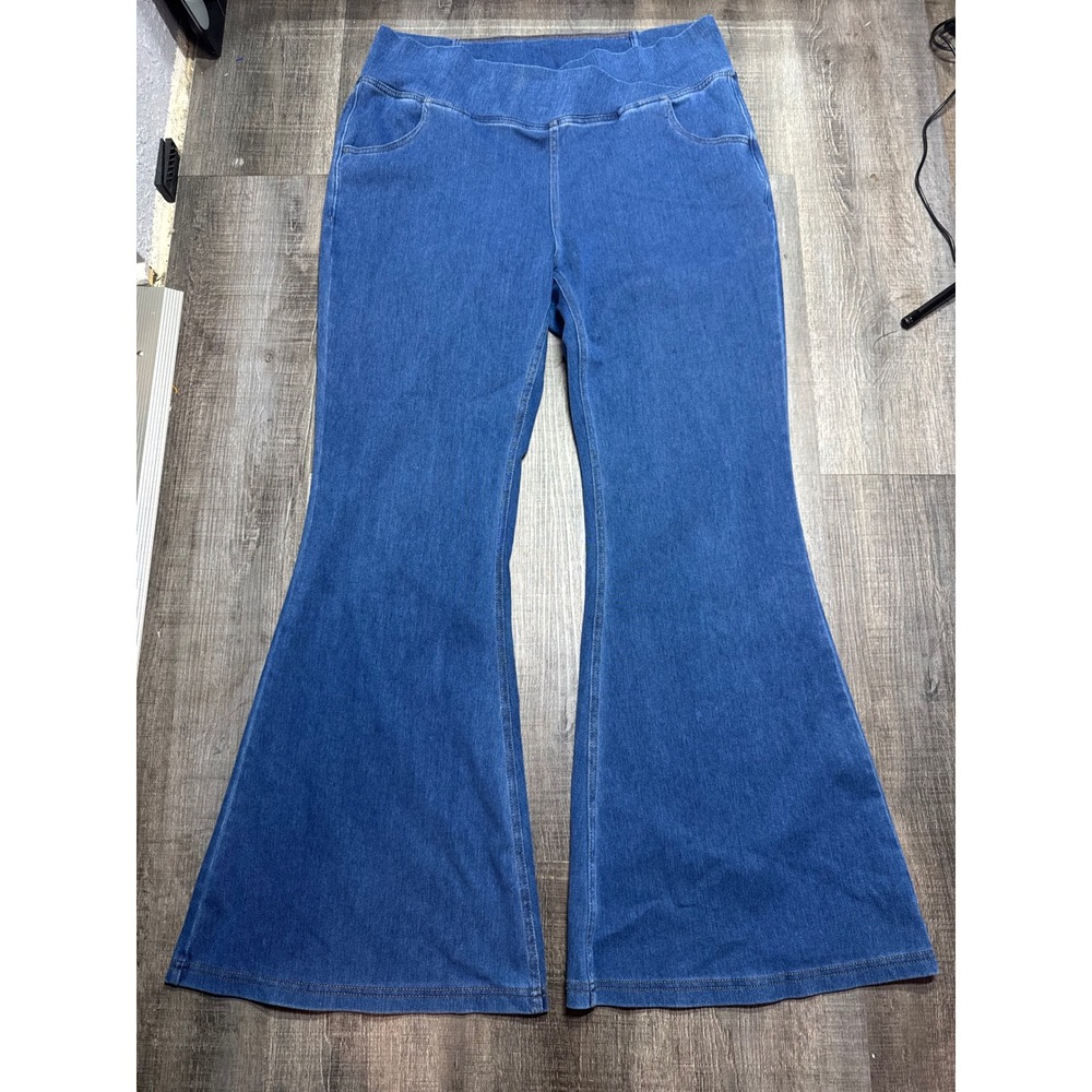 Halara Women XL Blue High Waisted Pull On Flare Bell Bottom Denim Jeans Regular